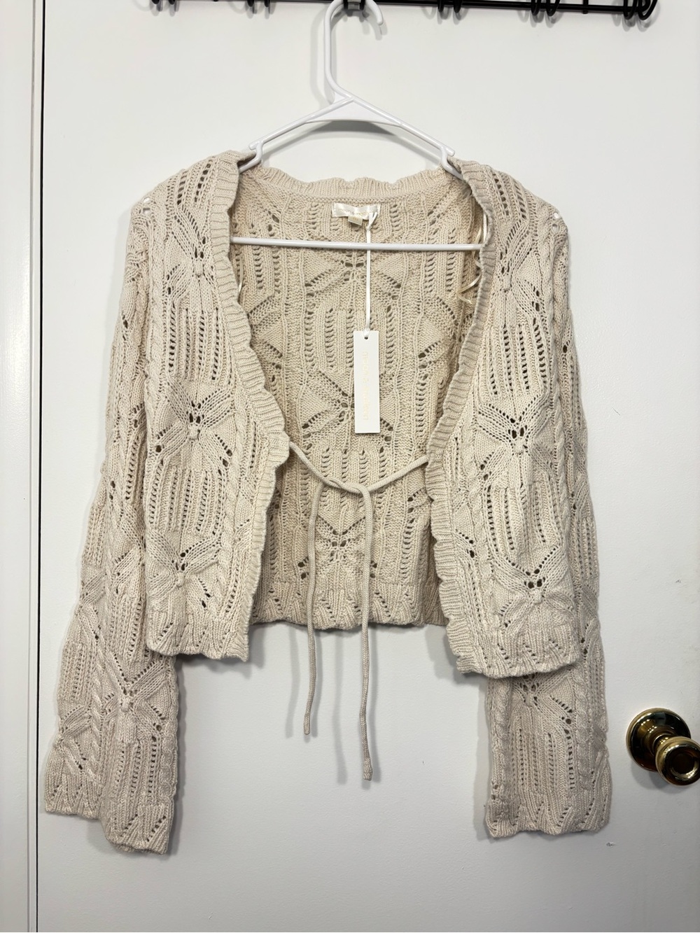 Moon & Madison Cream Crochet Tie-Front Cardigan